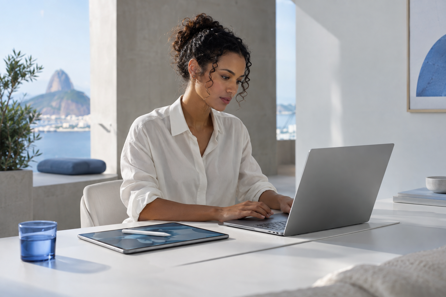 Profissional usando notebook e tablet em um espaço de trabalho moderno